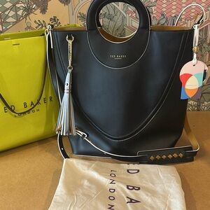 Ted Baker Black Leather Circle Handle Tote with Tassel